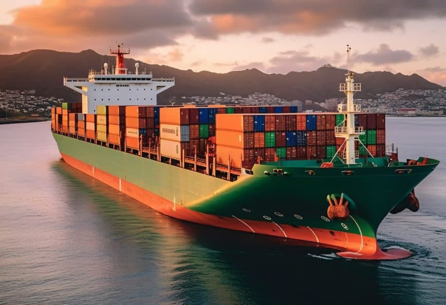 Large container ship loaded with colorful cargo containers navigating calm waters during sunset. - Olive Oil Times
