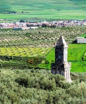 A historic tower stands amidst olive groves and green fields in a rural landscape. - Olive Oil Times